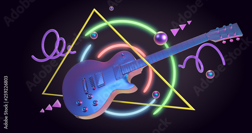 Tableau sur toile 3D Render, retrowave art guitar