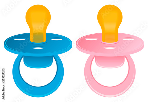 Baby blue and pink pacifiers or dummies. Vector illustration isolated on white background.