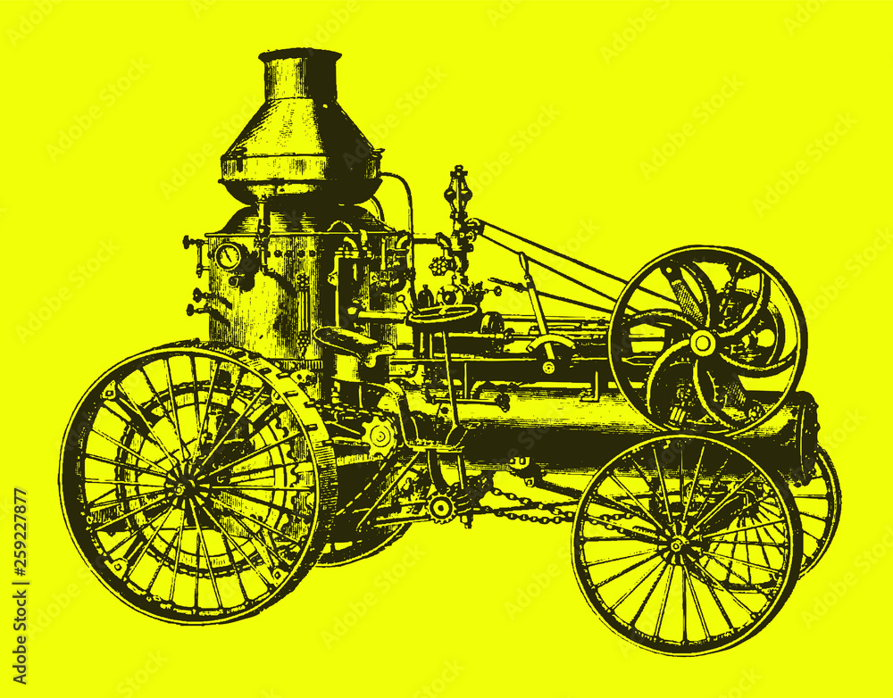 Historical steam road locomotive tractor with water tank, after engraving from 19c. Editable in layers