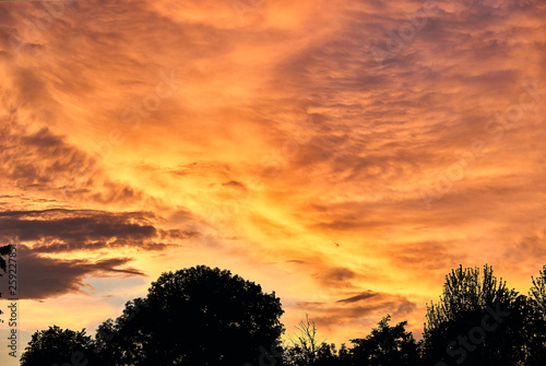 Gorgeous panorama scenic of the strong sunset with cloud on the orange and red sky