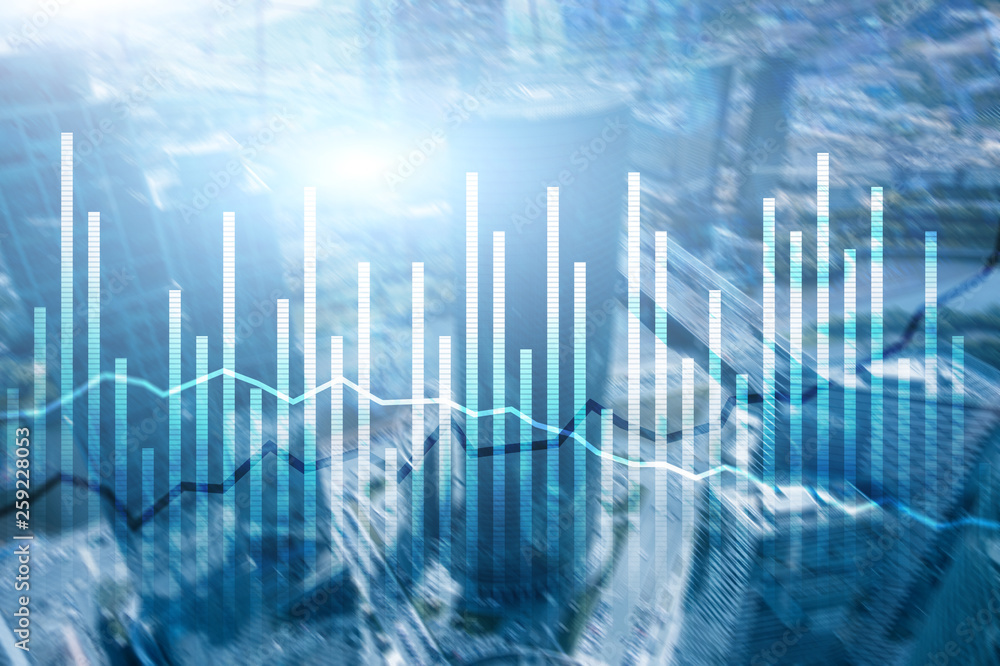 Naklejka premium Double exposure Economics growth diagrams on blurred background. Business and investment concept