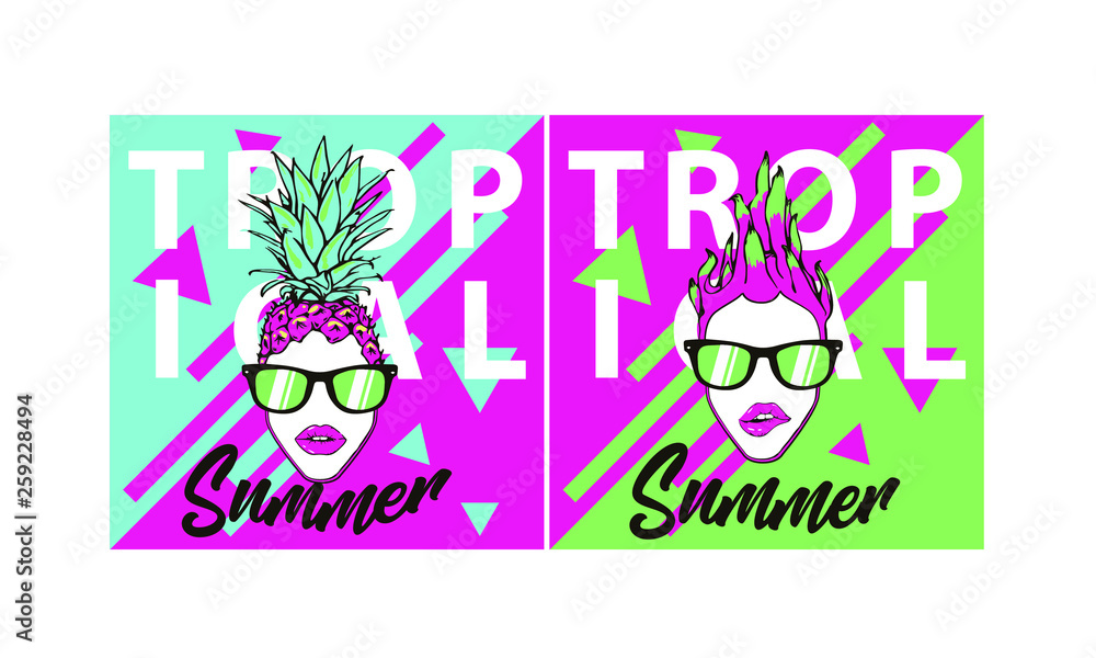 bright poster with a picture of fruit dragon fruit and pineapple in sunglasses, enjoy the summer summer posters dragon fruit and pineapple in sunglasses