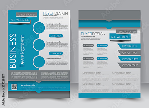 Flyer template. Business brochure. Editable A4 poster for design, education, presentation, website, magazine cover. Blue and grey color.