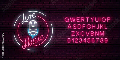 Neon signboard with microphone in round frame with alphabet. Nightclub with live music icon.