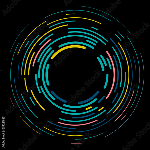 Vector modern creative backdrop of vivid multi colored curved elements.Multicolored decorative design halftone circle lines isolated on black.Circular abstract background.