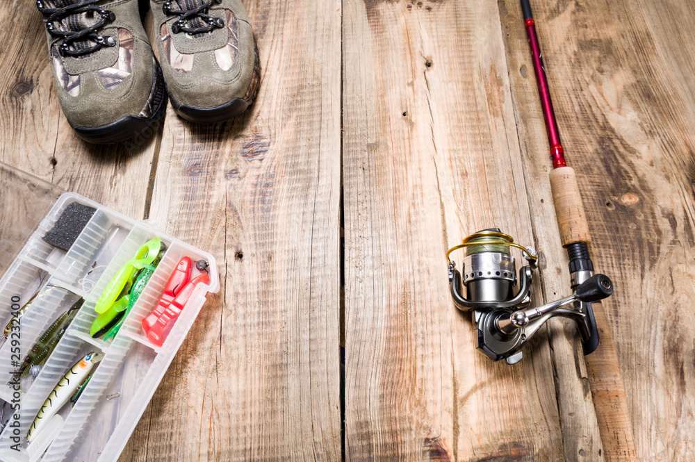 Fishing gear. Fishing box and bait. Top view. Fishing gear. Fishing box and bait. Top view.