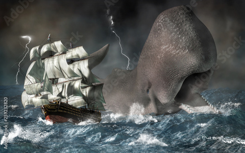 Canvastavla A giant sperm whale chases a ship through stormy seas