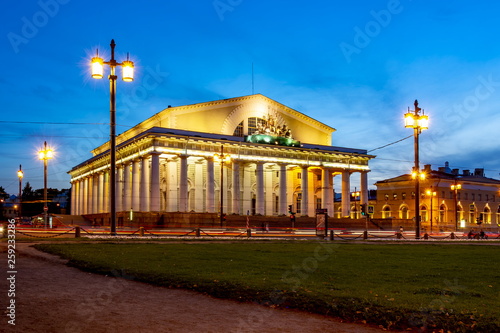 Old Stock Exchange building on Vasilyevsky island at night  Saint Petersburg  Russia