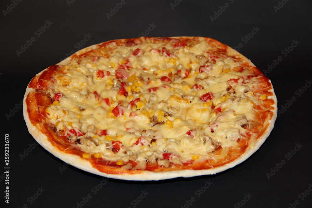 Slices of fresh appetizing pizza with delicious ingredients on colorful plate Slices of fresh appetizing pizza with delicious ingredients on colorful plate