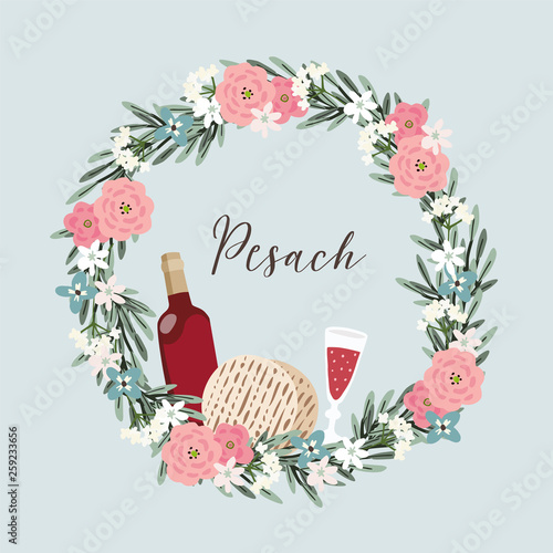 Jewish holiday Pesach, Passover greeting card. Hand drawn floral wreath with bottle of wine, glass, matzo bread, olive branches and flowers. Kosher food and drink. Vector illustration background.