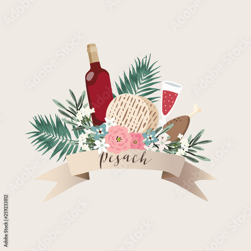 Jewish holiday Pesach, Passover greeting card. Hand drawn ribbon banner with bottle of wine, matzo bread, palm leaves, olive branches and flowers. Kosher food and drink. Vector illustration background