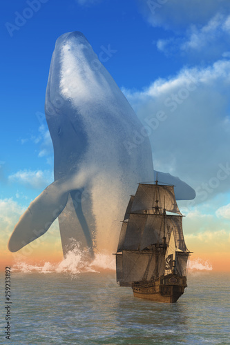 Fotografi A supernaturally large humpback whale emerges from the sea infront of a pirate ship