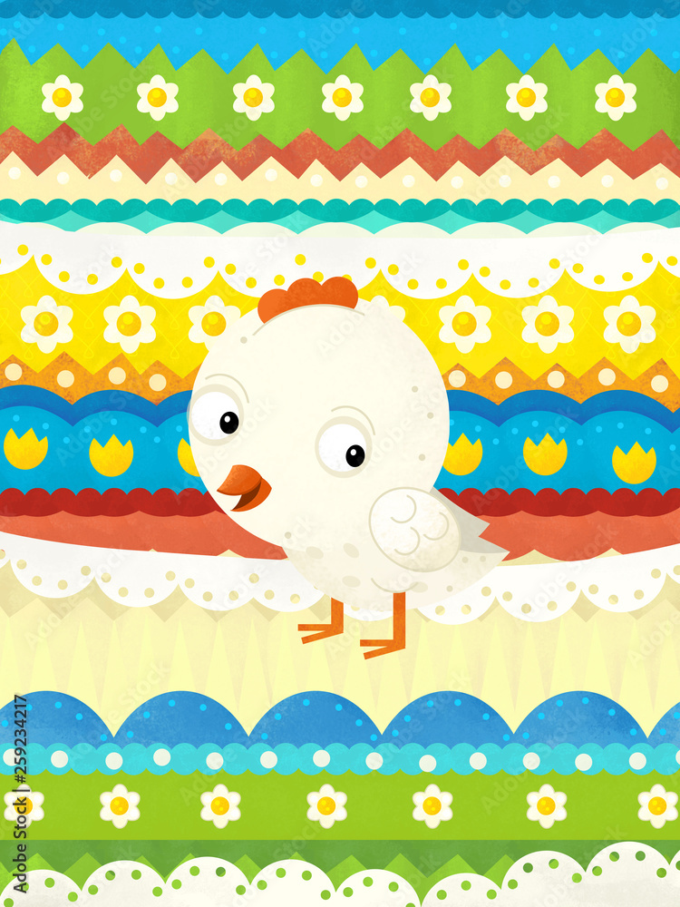 cartoon scene with colorful easter chicken on easter background - illustration for children cartoon scene with colorful easter chicken on easter background - illustration for children