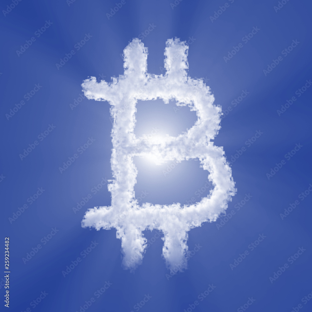 Bitcoin cloud sign with volume light on blue sky and sun. 3d illustration Bitcoin cloud sign with volume light on blue sky and sun. 3d illustration