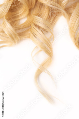 Human, natural light blond wavy hair on white isolated background. An example of a fashionable hairstyle for a poster, an advertisement or a hairdressing website. Extended, attached and beauty.