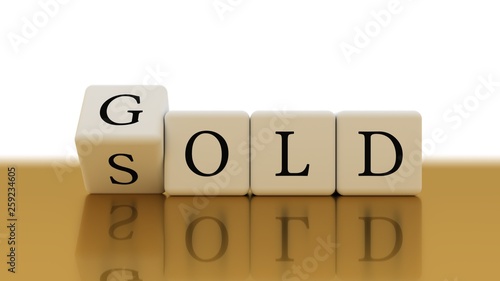 Gold sold white cubes on golden table. Isolated 3d illustration