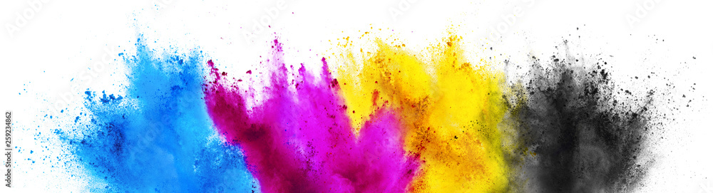 colorful CMYK cyan magenta yellow key holi paint color powder explosion print concept isolated white background