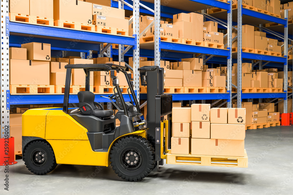 Forklift truck with cardboard boxes in storehouse, 3D rendering