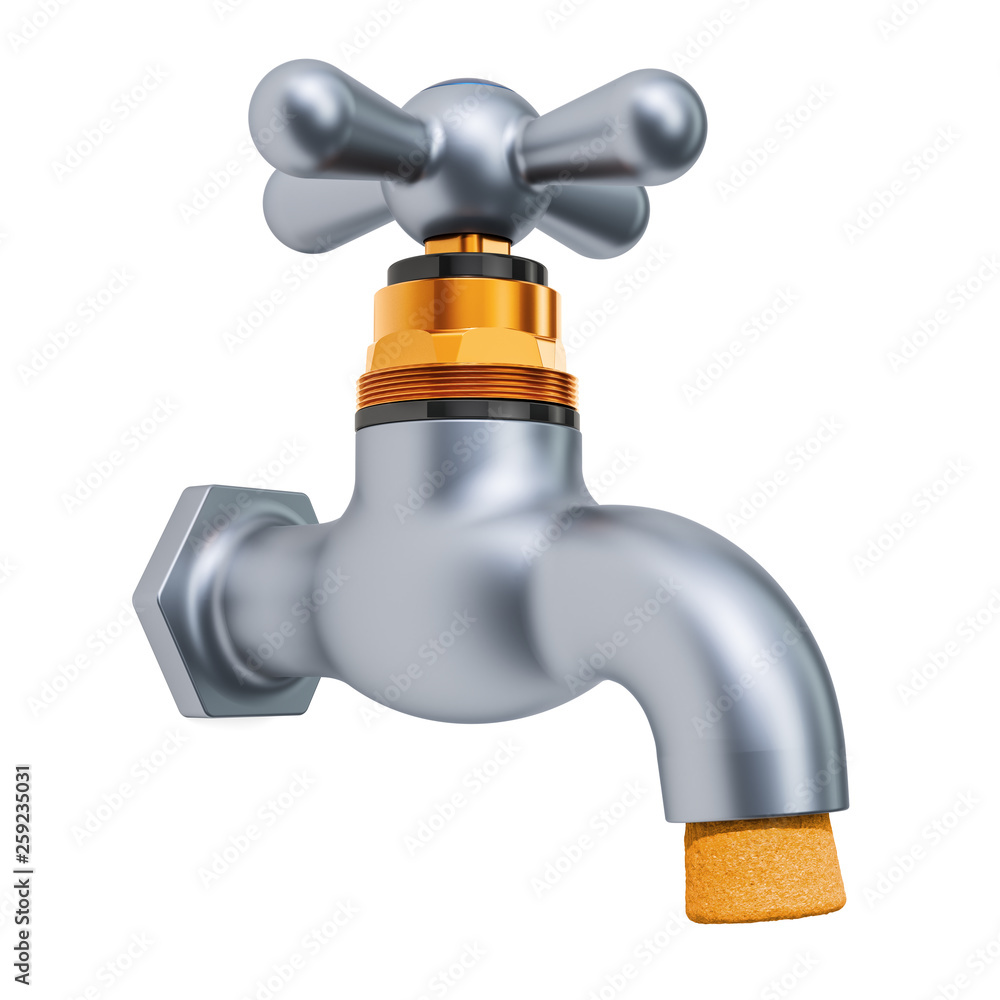 Save water concept, water tap with cork. 3D rendering Save water concept, water tap with cork. 3D rendering
