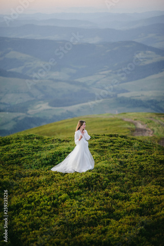 woman in a wedding dress runs across the field toward the mountains