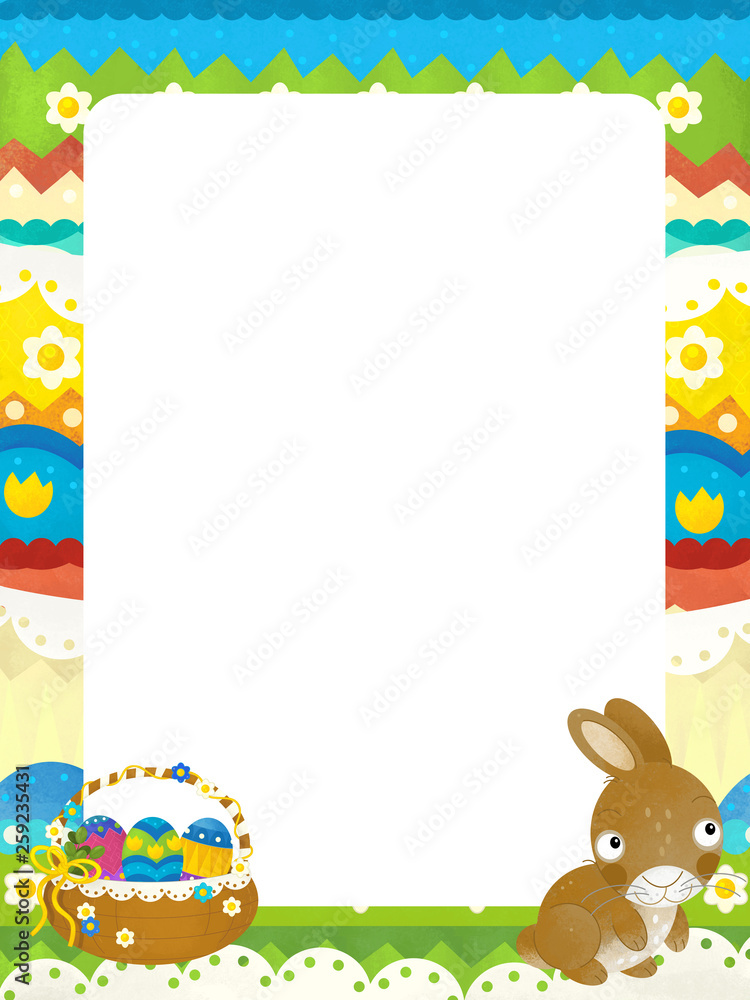 cartoon scene with colorful easter basket and rabbit on frame with white background for text - illustration for children cartoon scene with colorful easter basket and rabbit on frame with white background for text - illustration for children