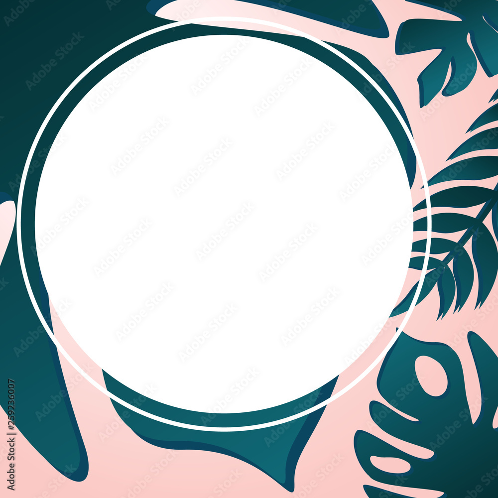  Round frame of tropical leaves. Banner for congratulations, weddings, decor, advertising, online decoration, stories.