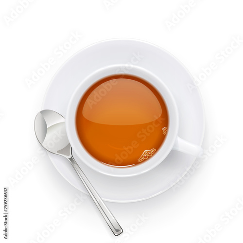 Tea cup and plate. Traditional hot drink for breakfast. Tea time. Herbal tonic beverage. Isolated white background. Eps10 vector illustration.