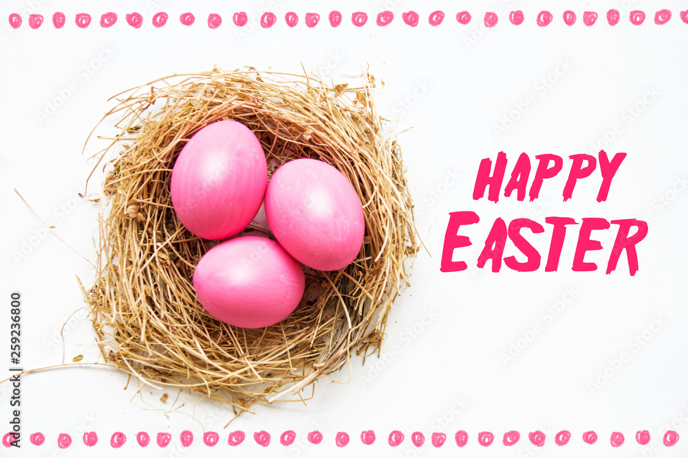 Fototapeta premium Easter colored pink eggs in egg nest, soft focus image. Happy Easter Card