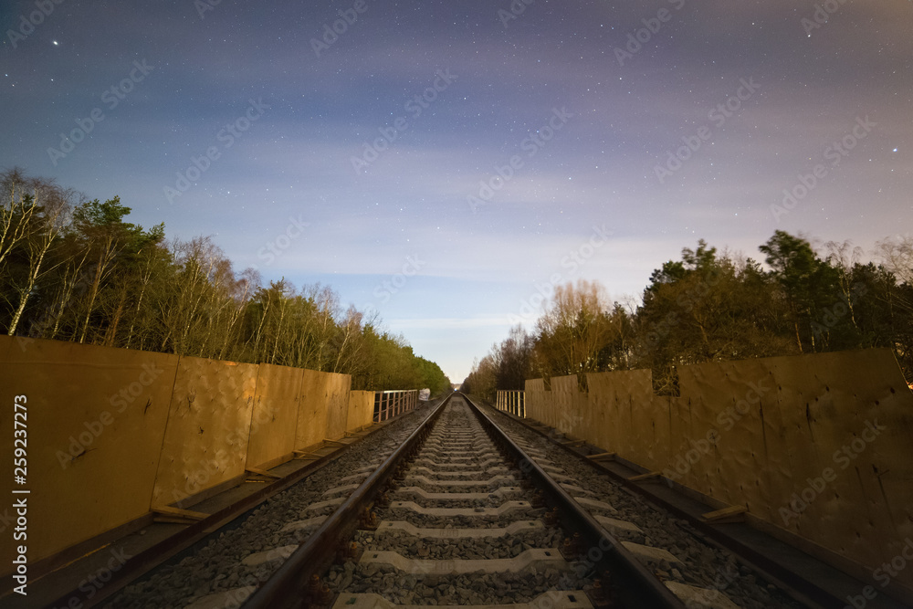 Fototapeta premium Railway track in the forest at cold starry night