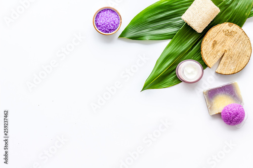 herbal organic cosmetic set for homemade spa on white background flatlay mock-up