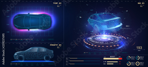 Future car in abstract style on blue background. Futuristic vector HUD GUI UI interface screen design. Automotive technology concept. Hologram of the car, scanning, auto service, mechanisms, service.