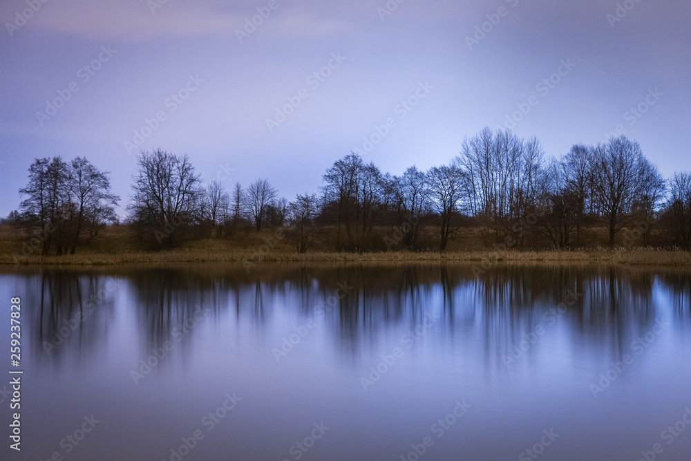 Cloudy night on the shore of the quiet lake in the forest