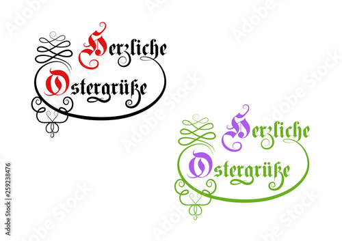 Frohe Ostern Schriftzug Vorlagen, Ostergrüße auf deutsch „Herzliche Ostergrüße“ Vektor Illustration isoliert auf weißem Hintergrund