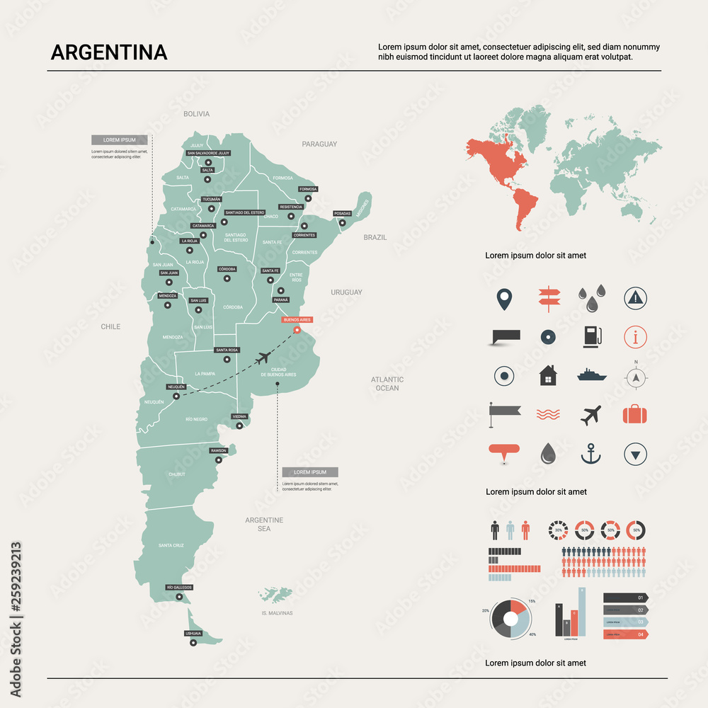 Vector map of Argentina . High detailed country map with division, cities and capital Buenos Aires. Political map,  world map, infographic elements.