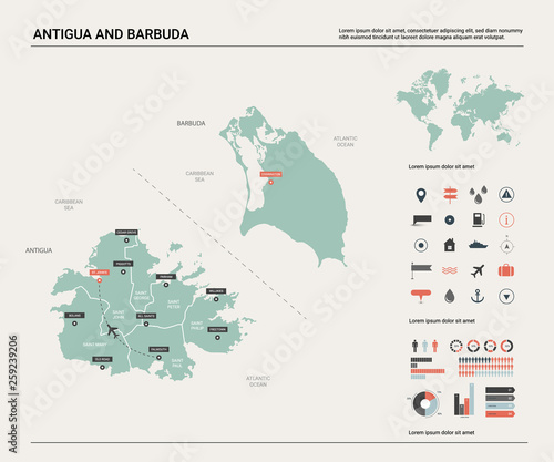 Vector map of Antigua and Barbuda. High detailed country map with division, cities and capital. Political map, world map, infographic elements.