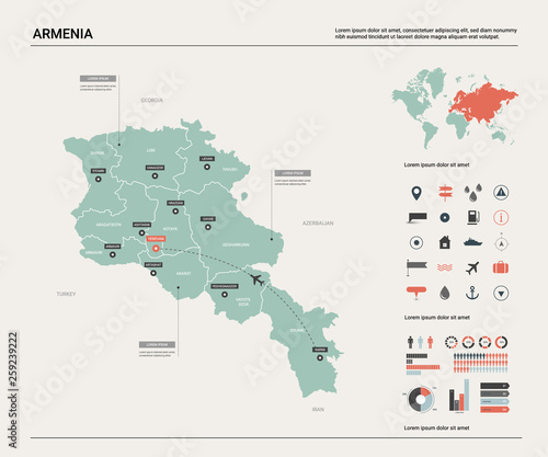 Vector map of Armenia. High detailed country map with division, cities and capital Yerevan. Political map, world map, infographic elements.