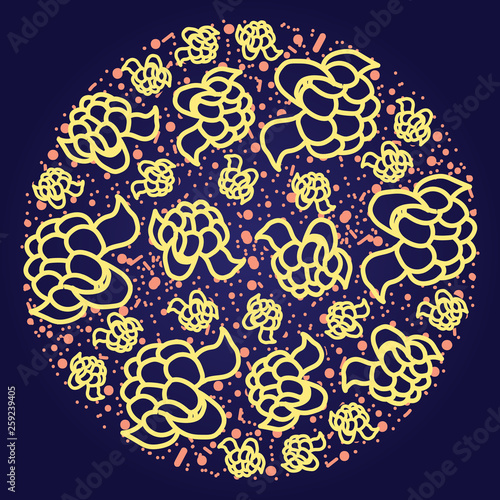 cloudberry vector circle pattern. Funny doodle healthy food on a dark background.