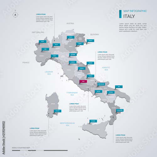 Italy vector map with infographic elements, pointer marks.