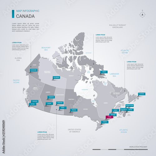 Canada vector map with infographic elements, pointer marks.