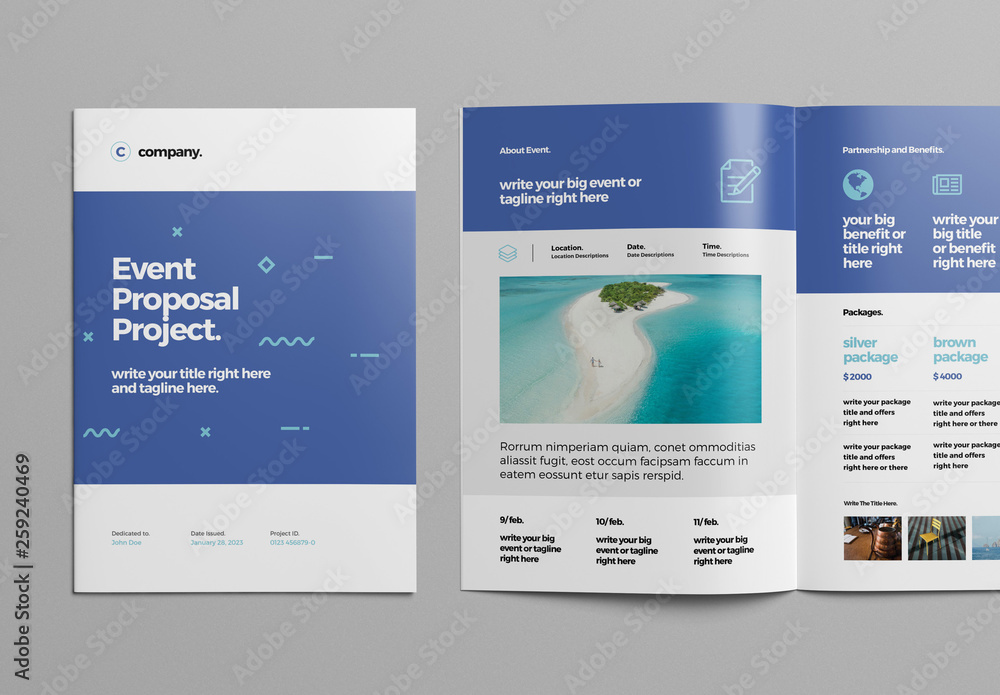 Event Proposal Layout with Blue Accents Stock Template | Adobe Stock