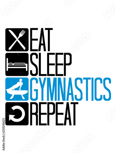 turnen essen schlafen wiederholen fitness logo täglich eat sleep repeat mann auf pauschenpferd turngerät hocker gymnastikgerät sport sportlich trainieren spaß hobby verein männer turner gymnastik