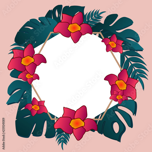  Tropical flyer with palm leaves and exotic flowers. Hexagon white frame. Banner for decoration of invitations, weddings, cards. photo