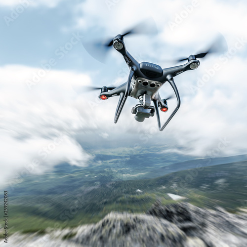 Modern drone flies in the mountains. Dark drone in the air against the backdrop of a mountain landscape.