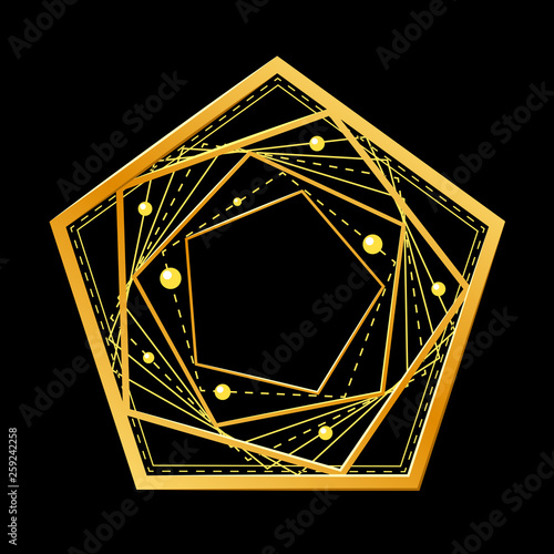 Simple abstract golden geometric shape from intersecting lines, pentagon. Decorative element for graphic design, symbol, logo. Isolated on black background. Eps10 vector illustration.
