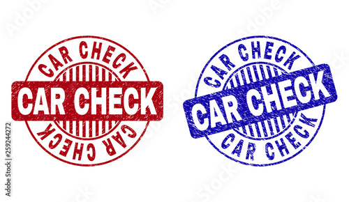 Grunge CAR CHECK round stamp seals isolated on a white background. Round seals with distress texture in red and blue colors. Vector rubber imitation of CAR CHECK title inside circle form with stripes.