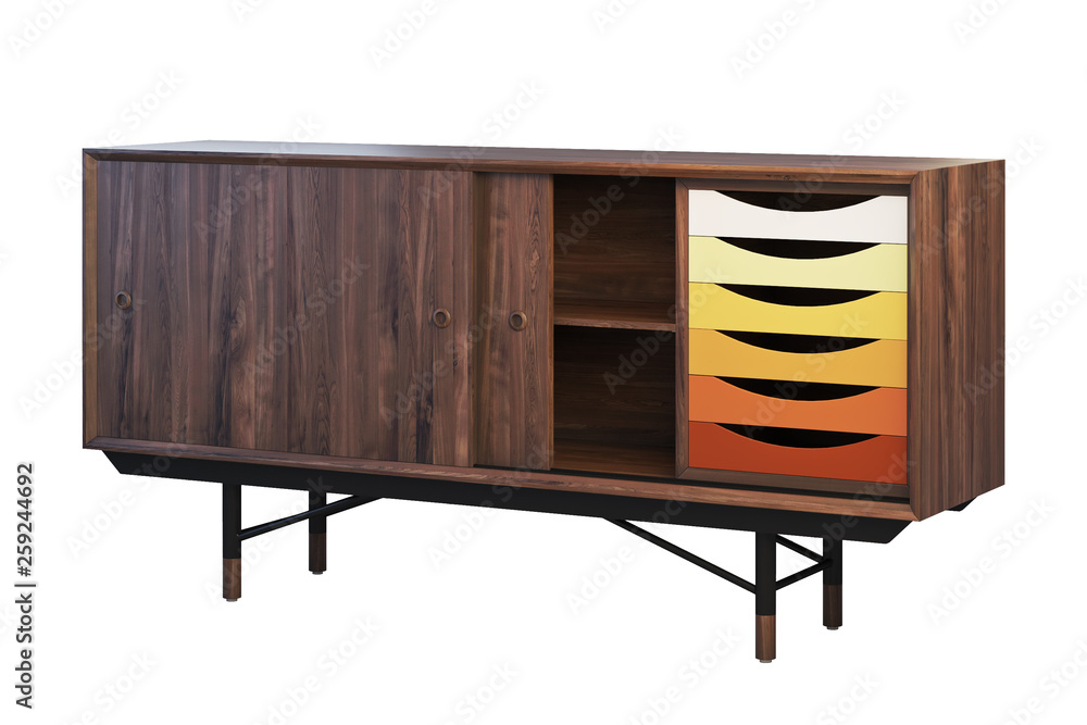 Sideboard with retractable shelves on the legs. 3d render
