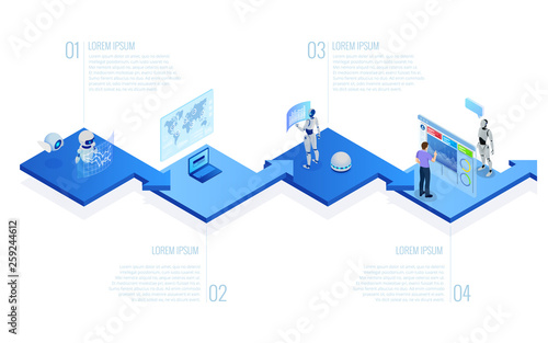Isometric concept of RPA, artificial intelligence, robotics process automation, ai in fintech or machine transformation.