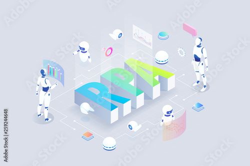 Isometric concept of RPA, artificial intelligence, robotics process automation, ai in fintech or machine transformation.