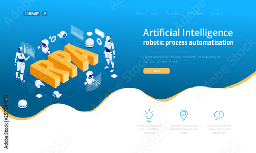 Isometric concept of RPA, artificial intelligence, robotics process automation, ai in fintech or machine transformation. Landing page template