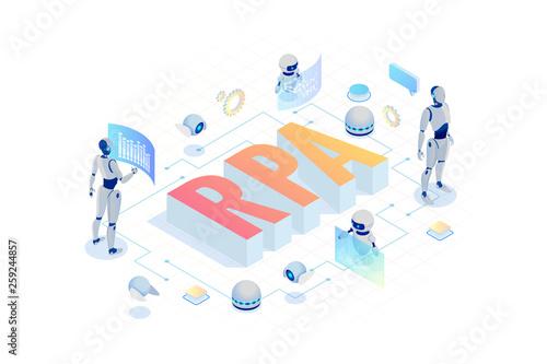 Isometric concept of RPA, artificial intelligence, robotics process automation, ai in fintech or machine transformation.